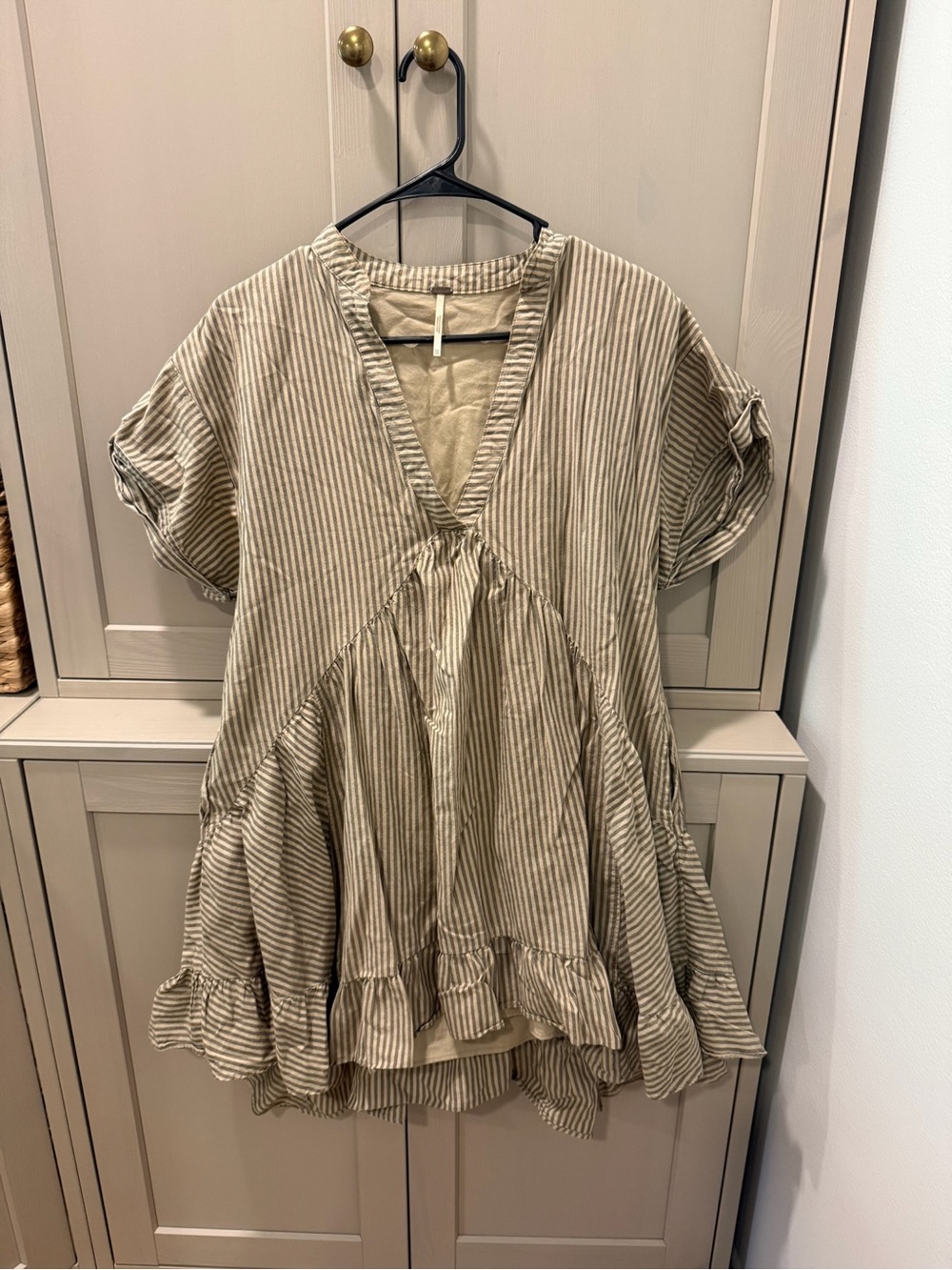 Free People Beige and White Striped V-Neck Tiered Tunic Dress